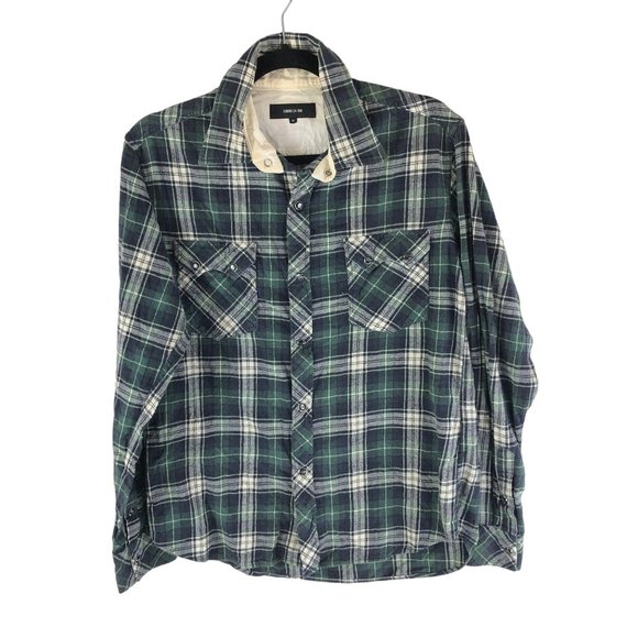 Comme Ca Ism Mens Flannel Shirt Snap Button Plaid Pockets Green M - Picture 1 of 3